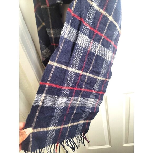 Harrods Of London Lambswool Plaid Scarf Dark Blue/Red 100% Wool Fringed Edges 68 - Picture 4 of 7